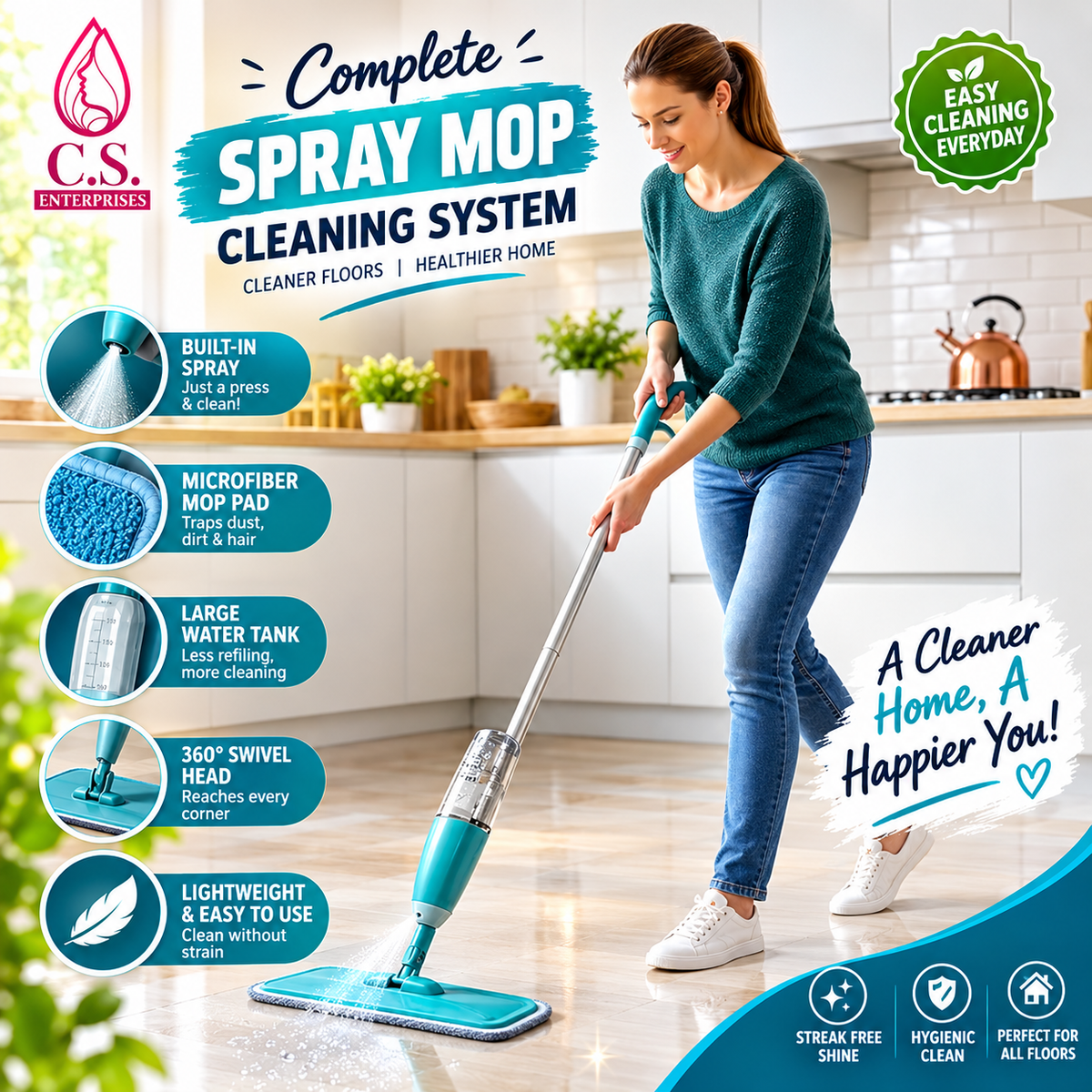 Stainless Steel Microfiber Floor Cleaning Spray Mop