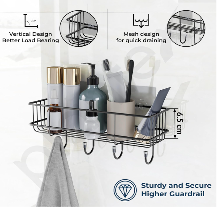 2 piece Powder Coated Self-Adhesive Shower Bathroom Shelf With Hooks