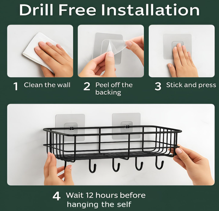 2 piece Powder Coated Self-Adhesive Shower Bathroom Shelf With Hooks