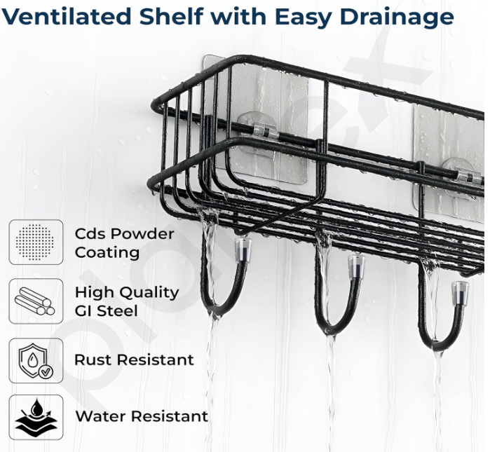 2 piece Powder Coated Self-Adhesive Shower Bathroom Shelf With Hooks