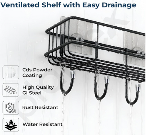 2 piece Powder Coated Self-Adhesive Shower Bathroom Shelf With Hooks