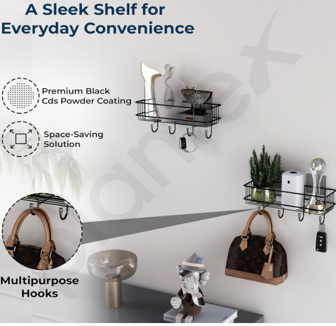 2 piece Powder Coated Self-Adhesive Shower Bathroom Shelf With Hooks