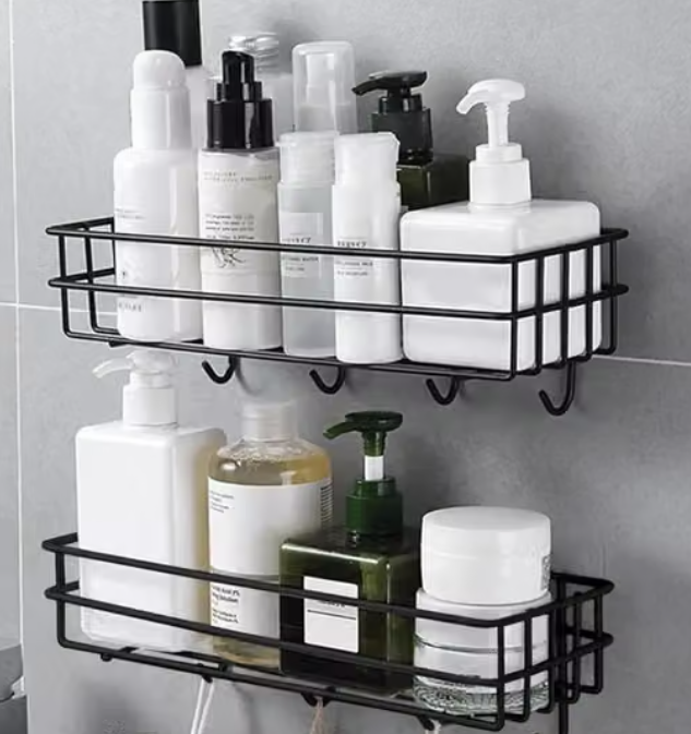 2 piece Powder Coated Self-Adhesive Shower Bathroom Shelf With Hooks